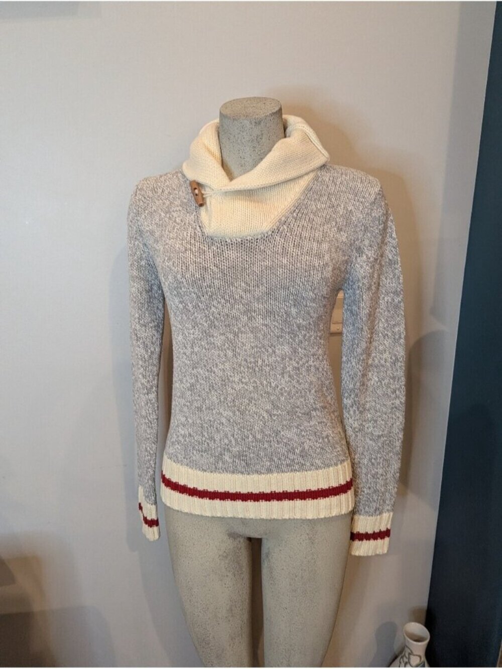 Sock Monkey Style cowl neck Sweater gray  & ivory with red strip cuffs size XS